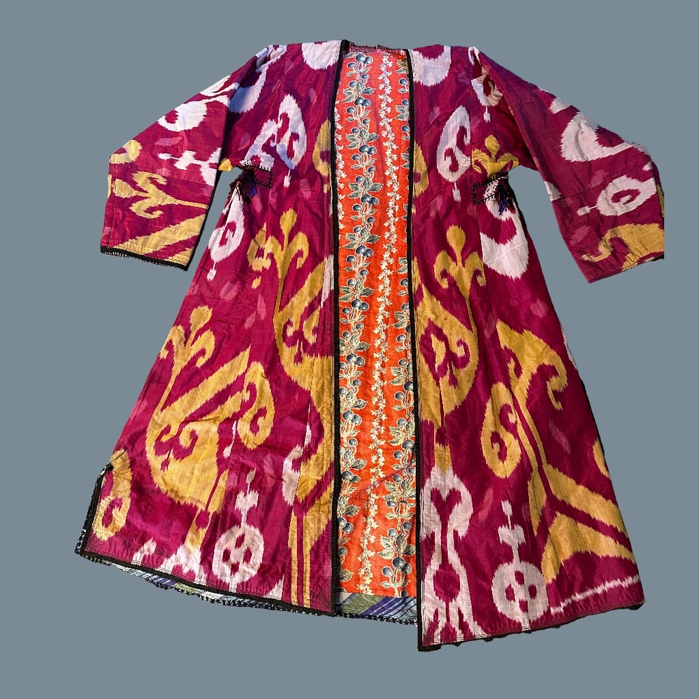 Beautiful Uzbek ikat chapan, jacket, caftan, Central Asia, tribal, antique